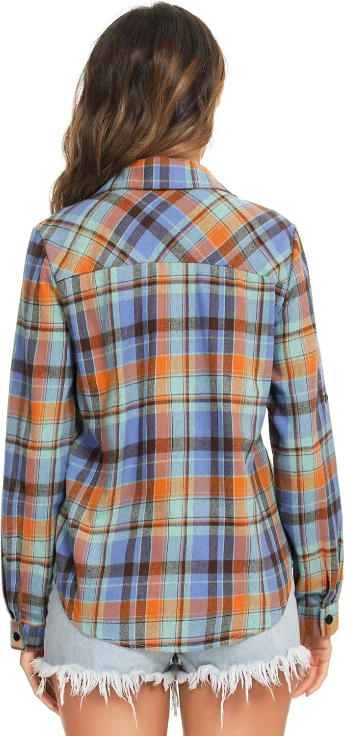 Enjoyoself Womens Plaid Flannel Shirts Casual Roll up Long Sleeve Boyfriend Button Down Checkered Shirt