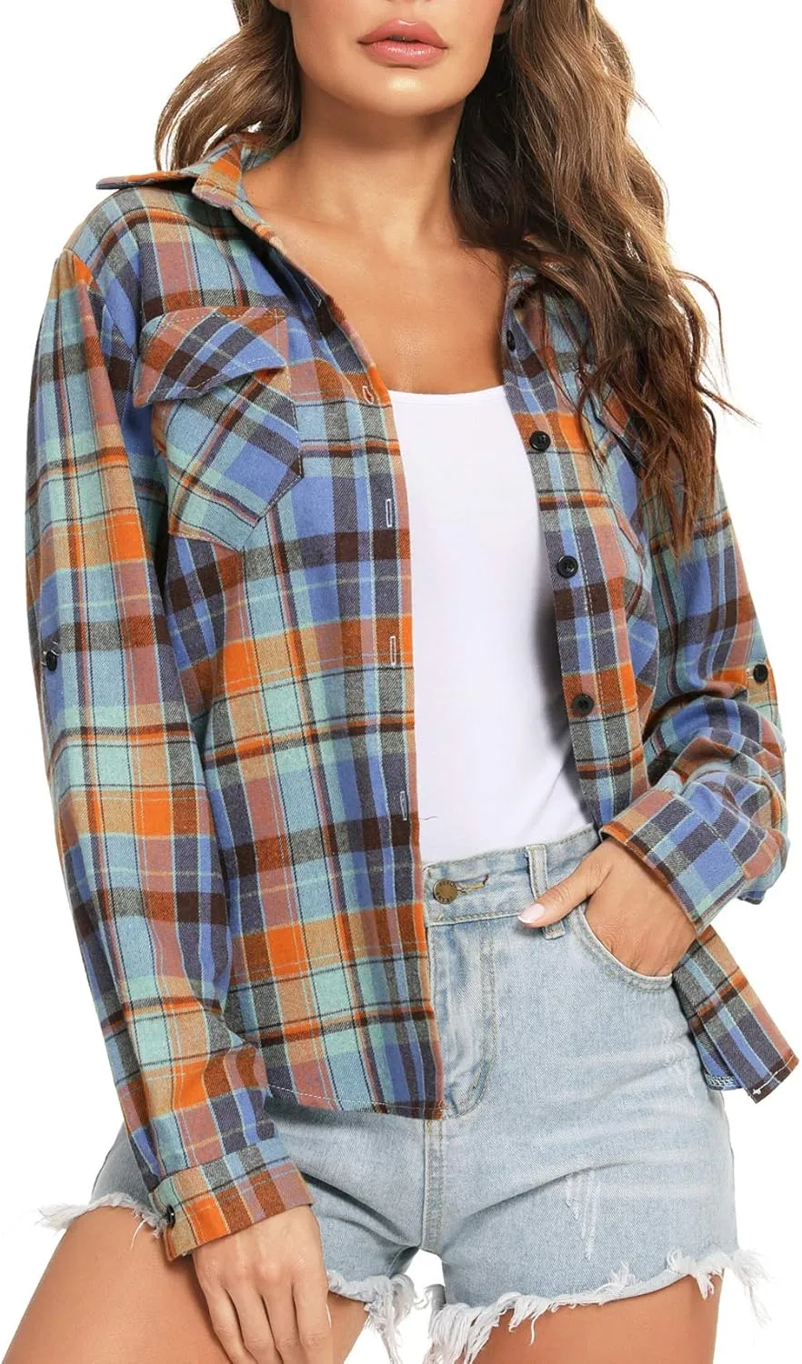 Enjoyoself Womens Plaid Flannel Shirts Casual Roll up Long Sleeve Boyfriend Button Down Checkered Shirt