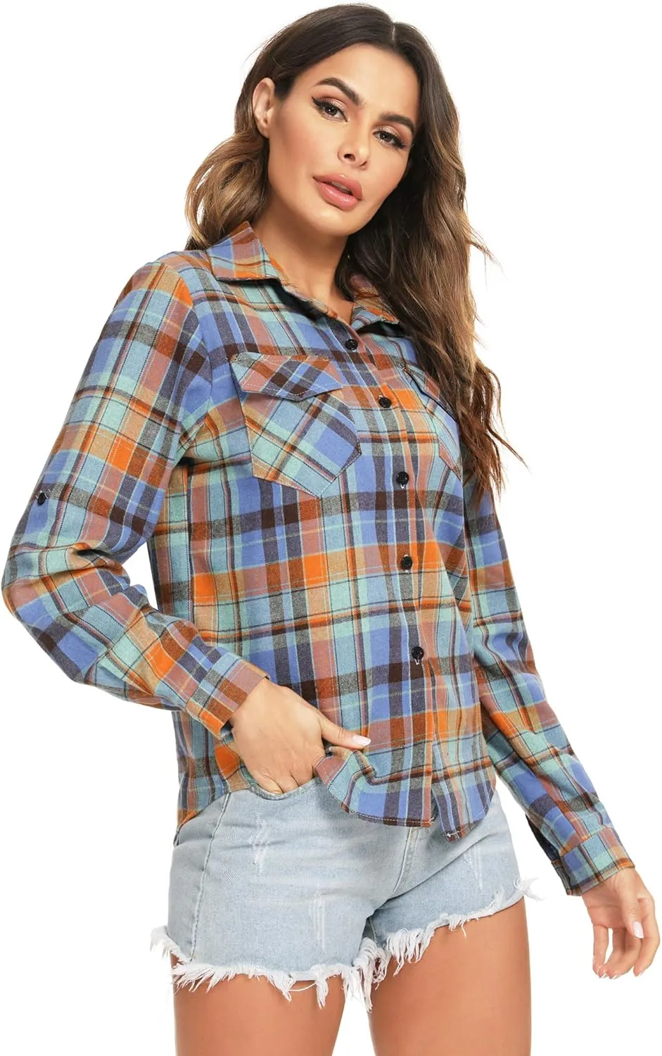 Enjoyoself Womens Plaid Flannel Shirts Casual Roll up Long Sleeve Boyfriend Button Down Checkered Shirt