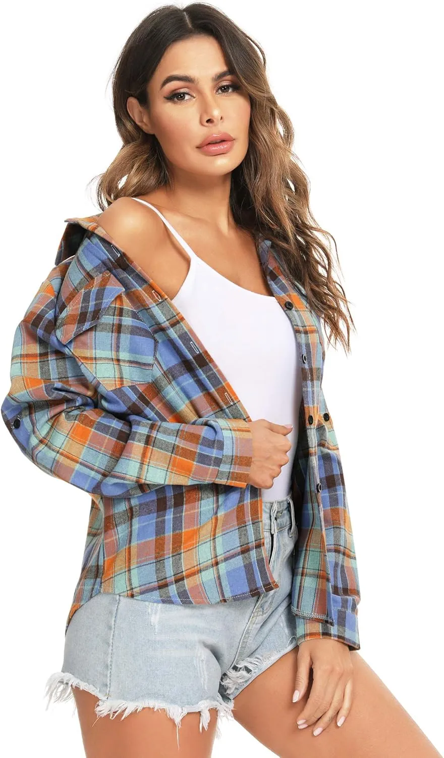 Enjoyoself Womens Plaid Flannel Shirts Casual Roll up Long Sleeve Boyfriend Button Down Checkered Shirt