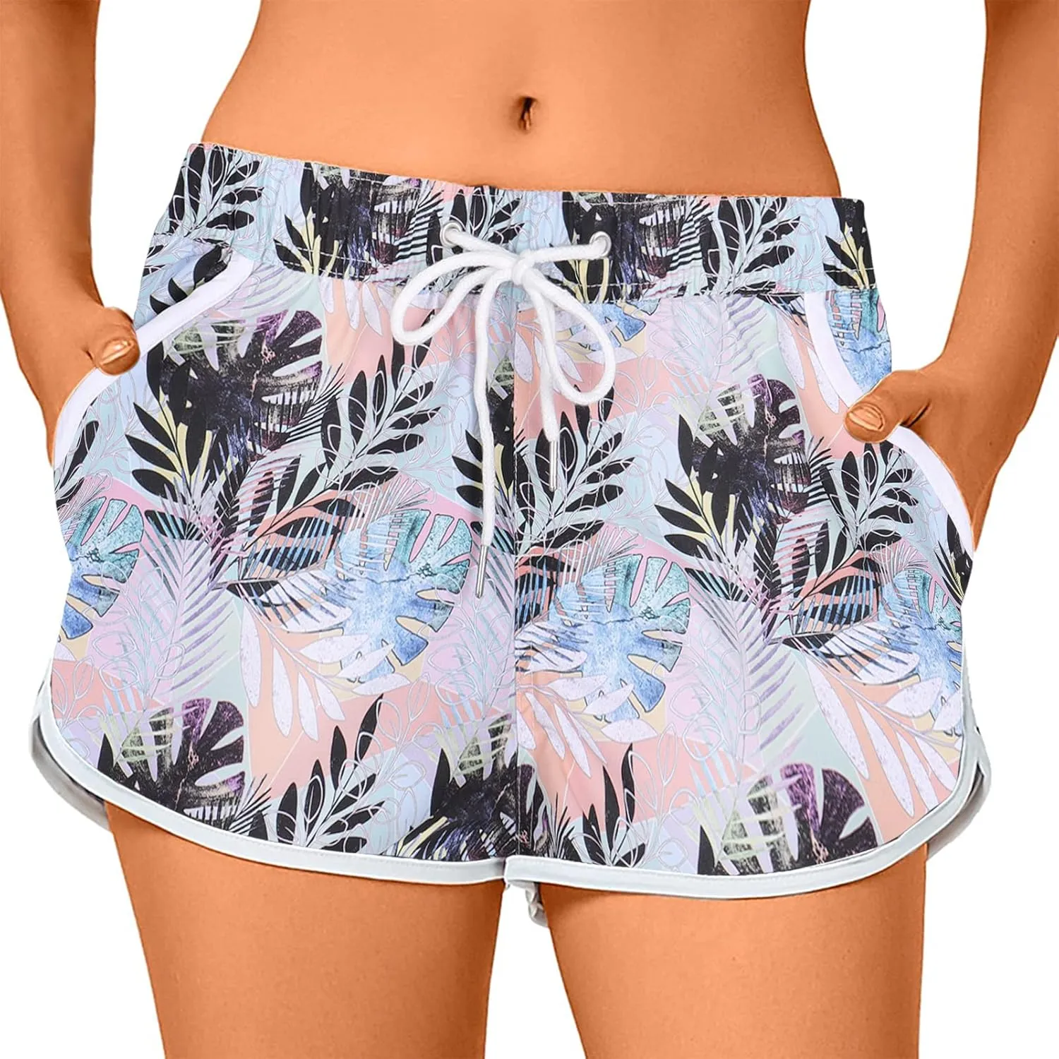 ESTAMICO Women Board Shorts with Liner Quick Dry UPF 50  Drawstring Floral Print Swim Trunk with Pockets