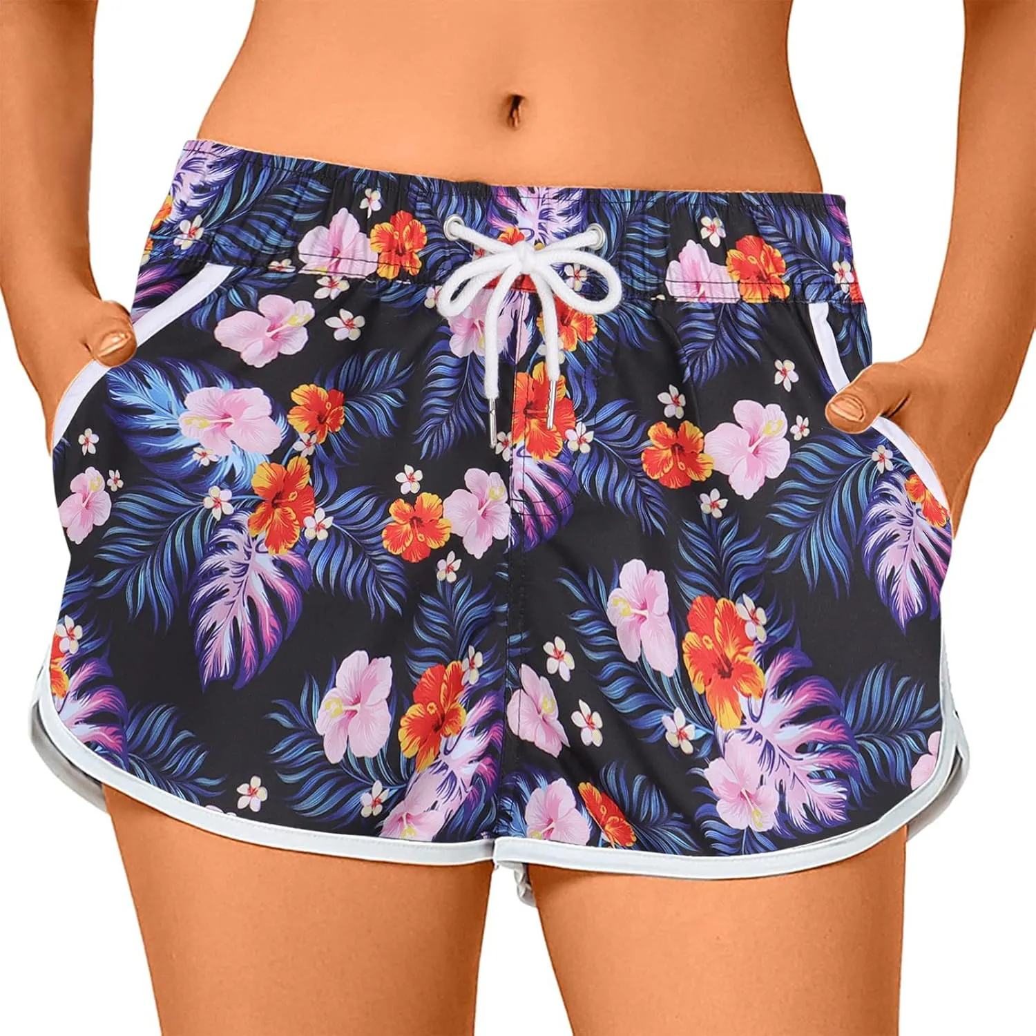 ESTAMICO Women Board Shorts with Liner Quick Dry UPF 50  Drawstring Floral Print Swim Trunk with Pockets