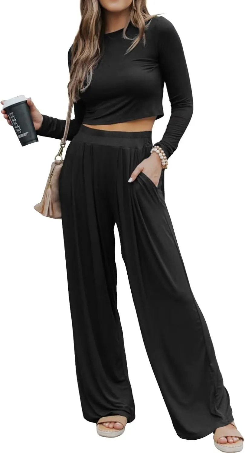 Ezbelle womenss Fall Fashion Lounge Sets Pajama Two Piece Cropped Pullover Jammies Outfits Casual Loungewear