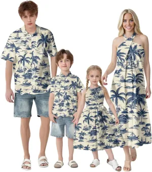 Family Matching Hawaiian Outfits, Dad and Son Beach Vacation Polo Button Down Shirts Mommy Daughter Dress