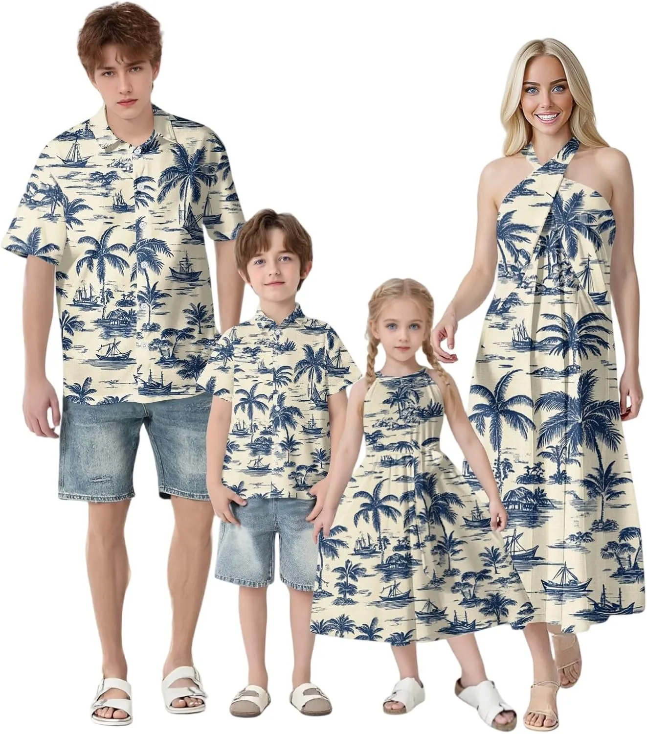 Family Matching Hawaiian Outfits, Dad and Son Beach Vacation Polo Button Down Shirts Mommy Daughter Dress