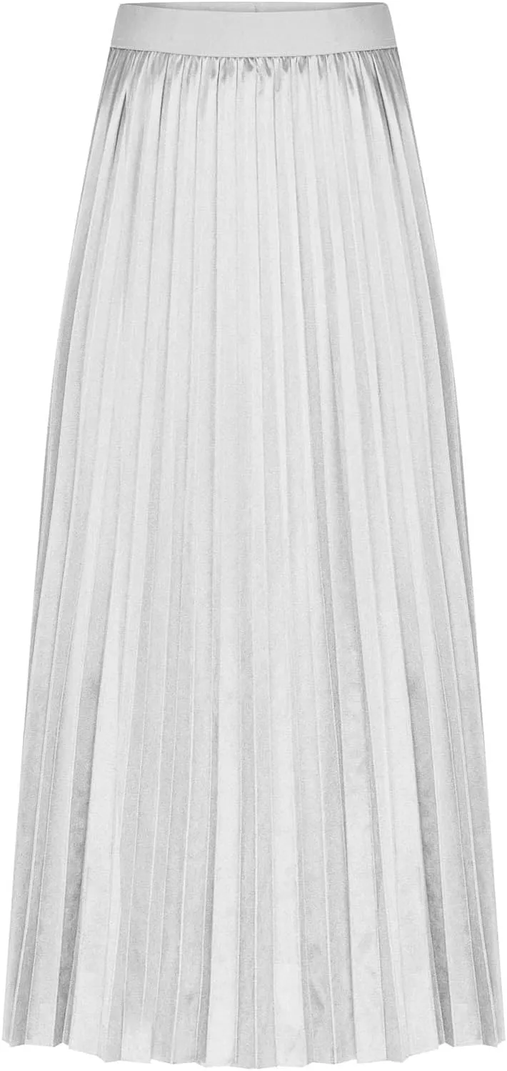 fartey Womens Satin Skirt High Elastic Waist Pleated Midi Skirts Long Swing Ruffled Flare Casual Fall Winter Skirt