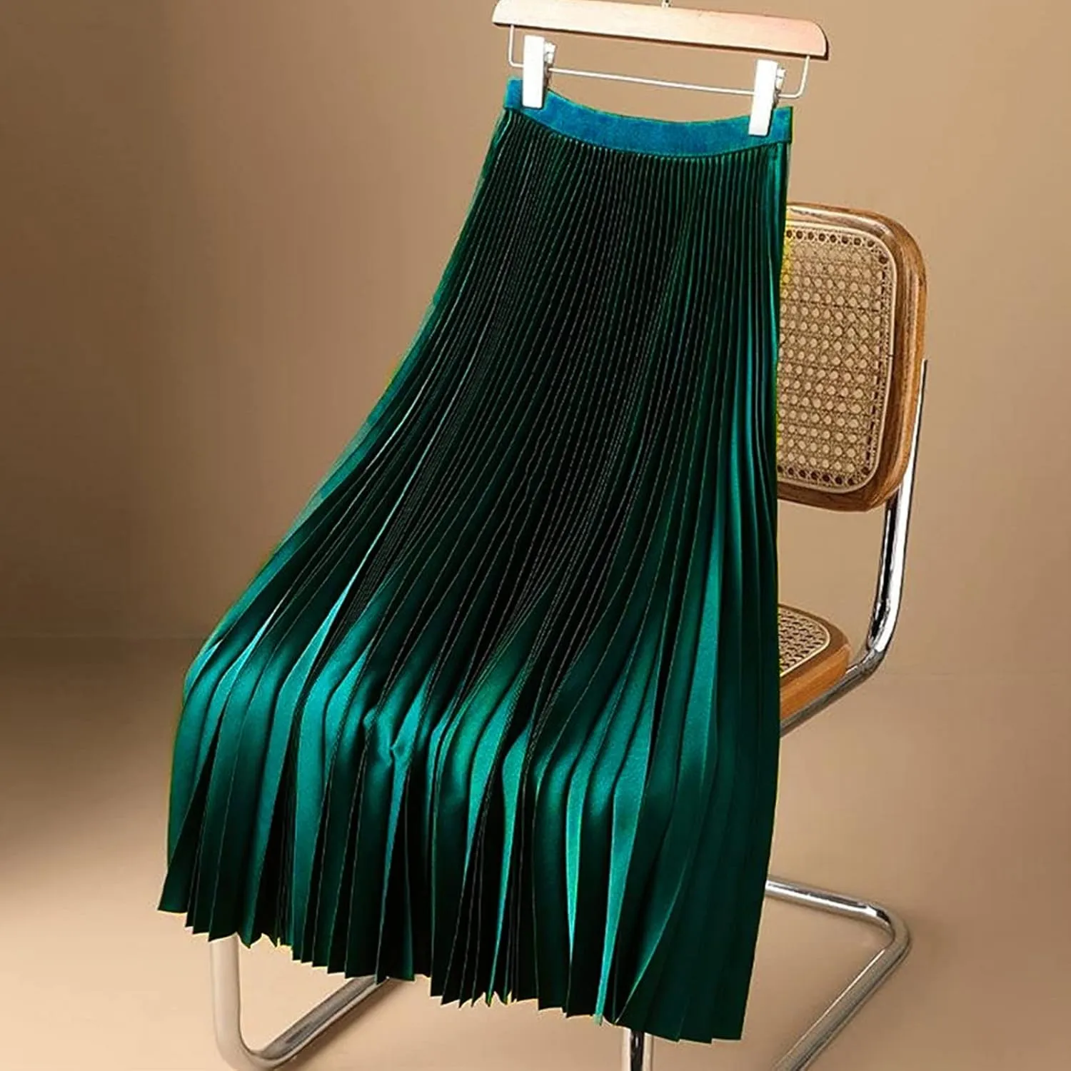 fartey Womens Satin Skirt High Elastic Waist Pleated Midi Skirts Long Swing Ruffled Flare Casual Fall Winter Skirt