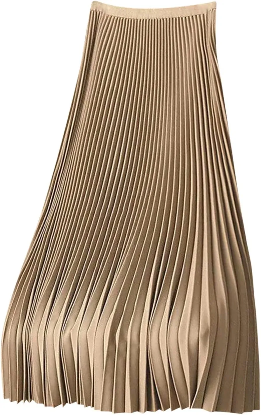fartey Womens Satin Skirt High Elastic Waist Pleated Midi Skirts Long Swing Ruffled Flare Casual Fall Winter Skirt