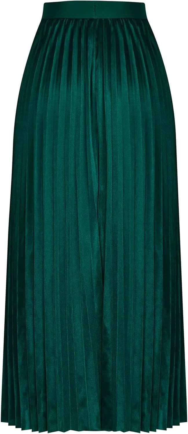 fartey Womens Satin Skirt High Elastic Waist Pleated Midi Skirts Long Swing Ruffled Flare Casual Fall Winter Skirt