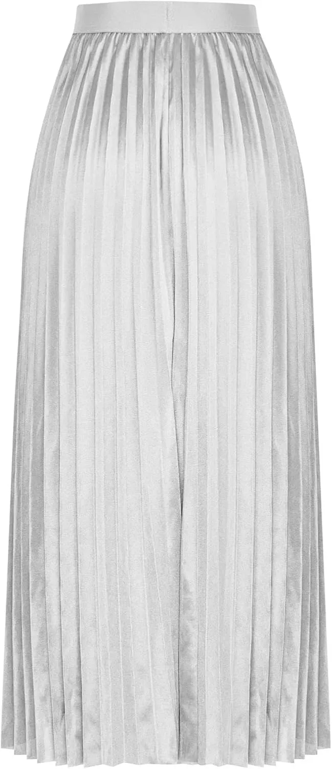 fartey Womens Satin Skirt High Elastic Waist Pleated Midi Skirts Long Swing Ruffled Flare Casual Fall Winter Skirt