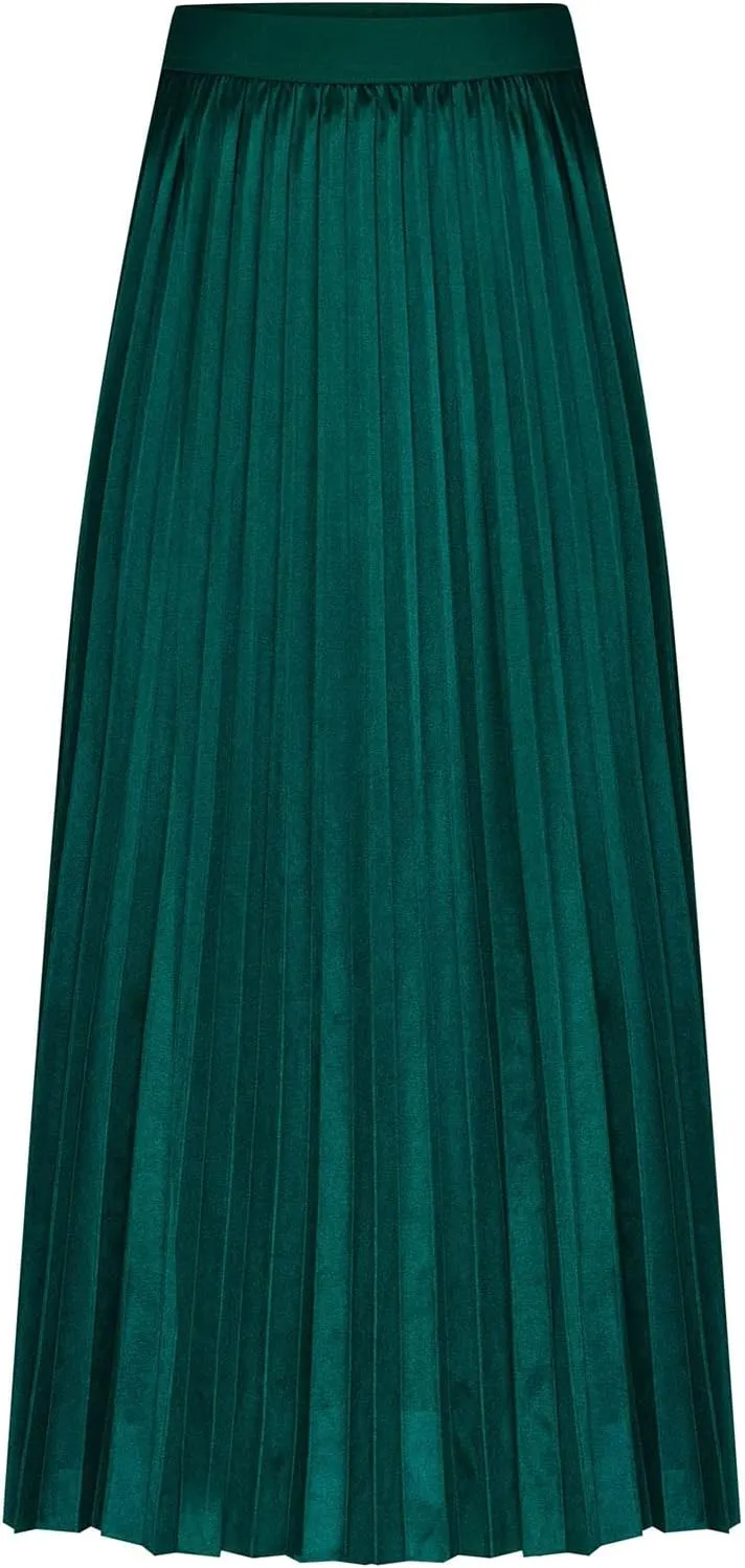 fartey Womens Satin Skirt High Elastic Waist Pleated Midi Skirts Long Swing Ruffled Flare Casual Fall Winter Skirt