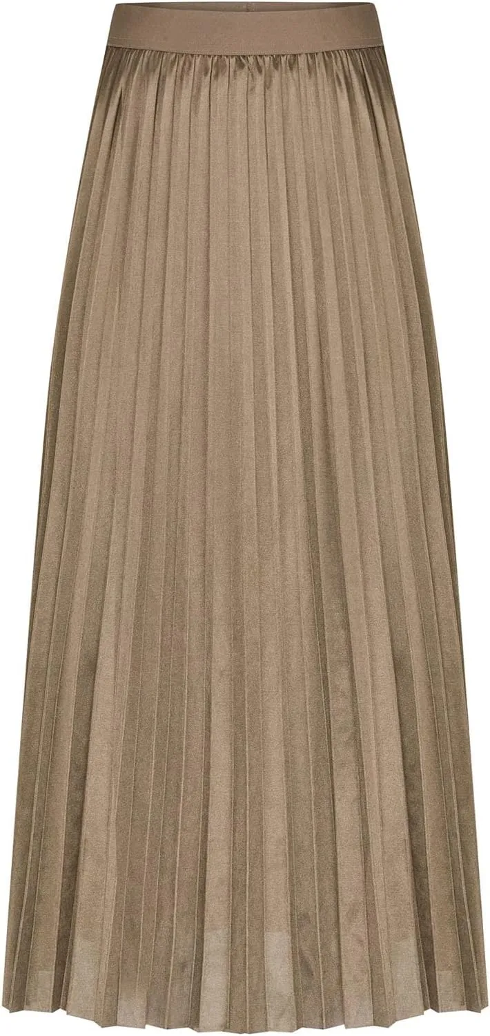 fartey Womens Satin Skirt High Elastic Waist Pleated Midi Skirts Long Swing Ruffled Flare Casual Fall Winter Skirt