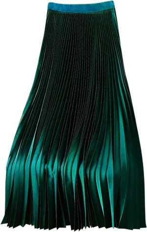 fartey Womens Satin Skirt High Elastic Waist Pleated Midi Skirts Long Swing Ruffled Flare Casual Fall Winter Skirt