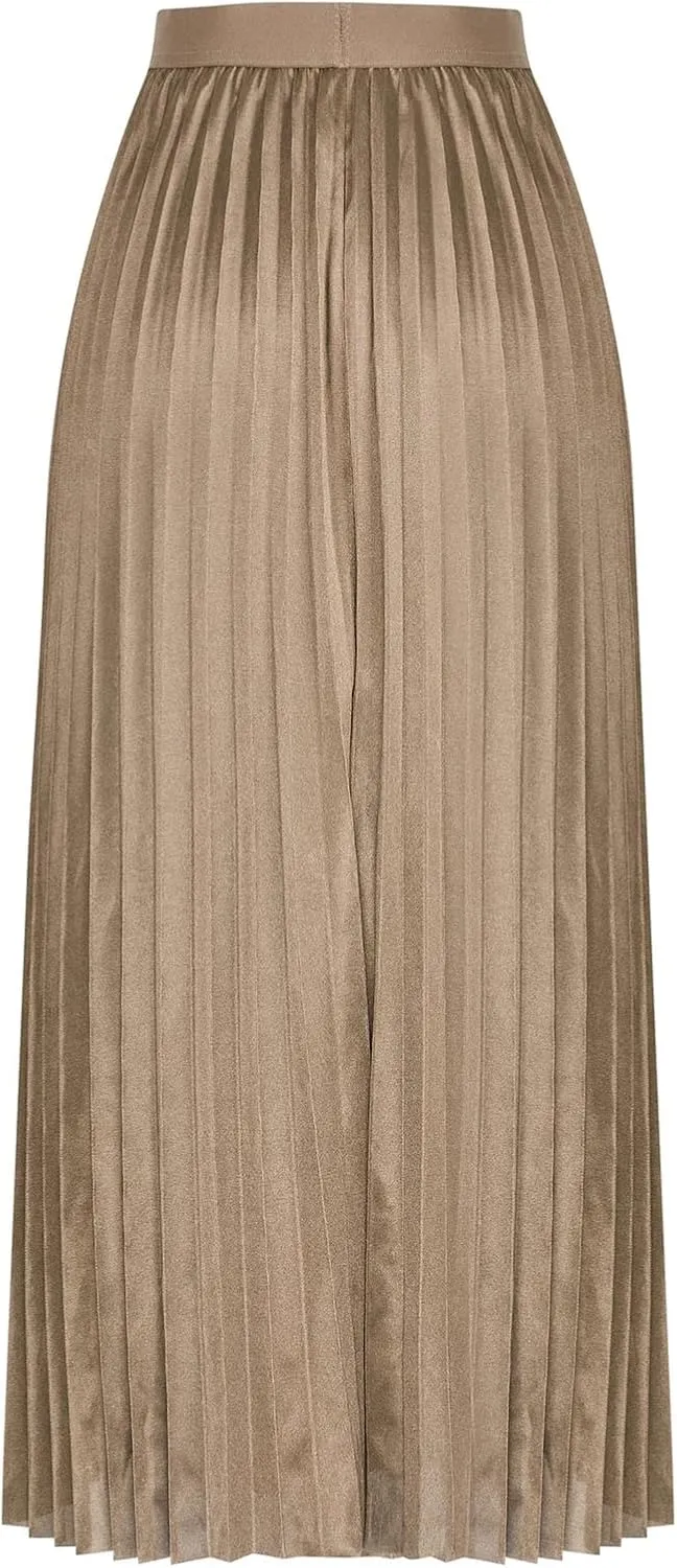 fartey Womens Satin Skirt High Elastic Waist Pleated Midi Skirts Long Swing Ruffled Flare Casual Fall Winter Skirt