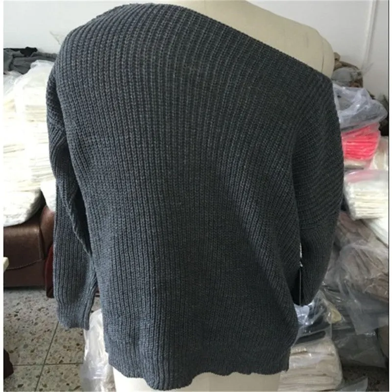 Fashion Casual Chunky Knit Loose One Shoulder Pockets Sweater