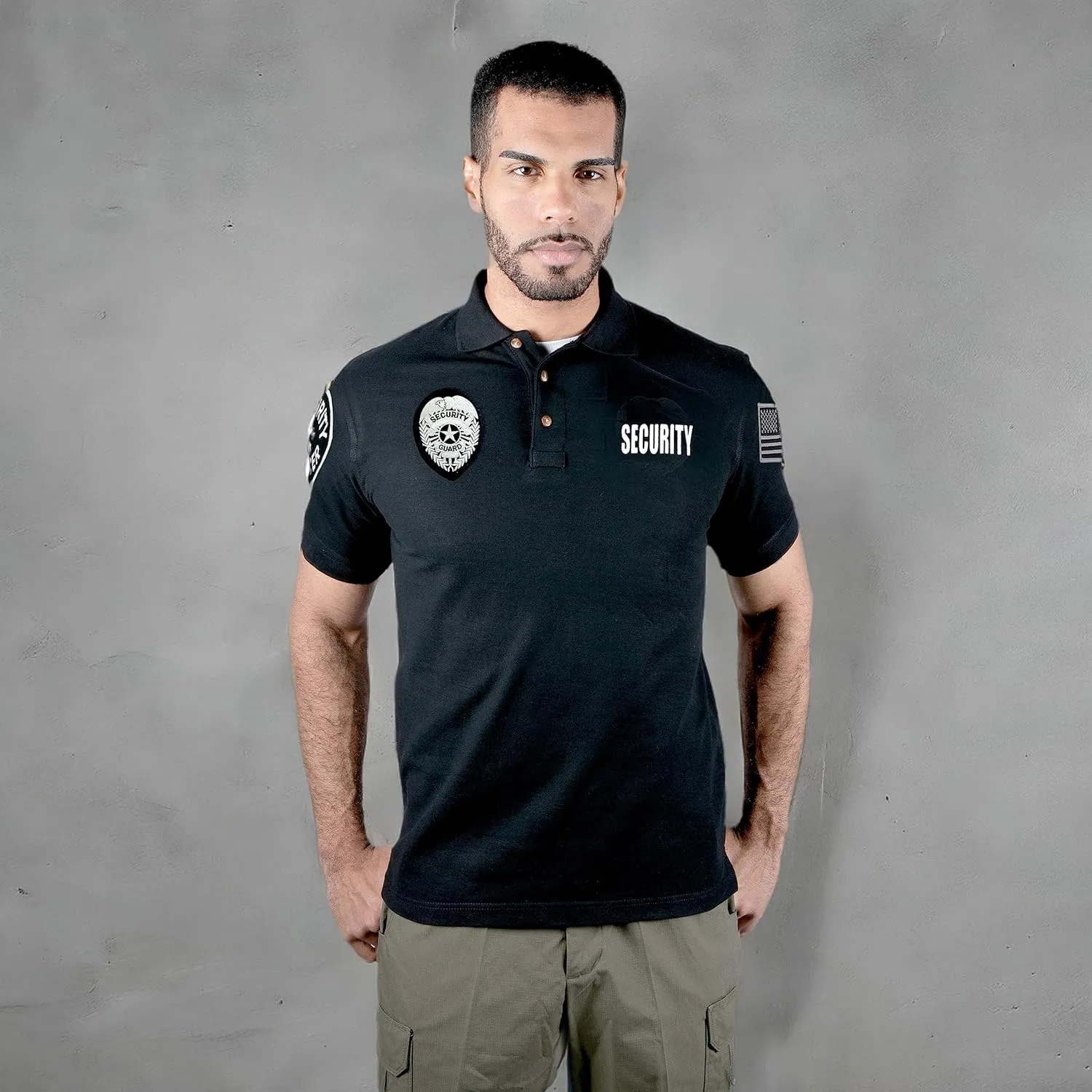 First Class Polyester Tactical Security Polo Shirts with Embroidered Patches and Printed ID for Security Guard