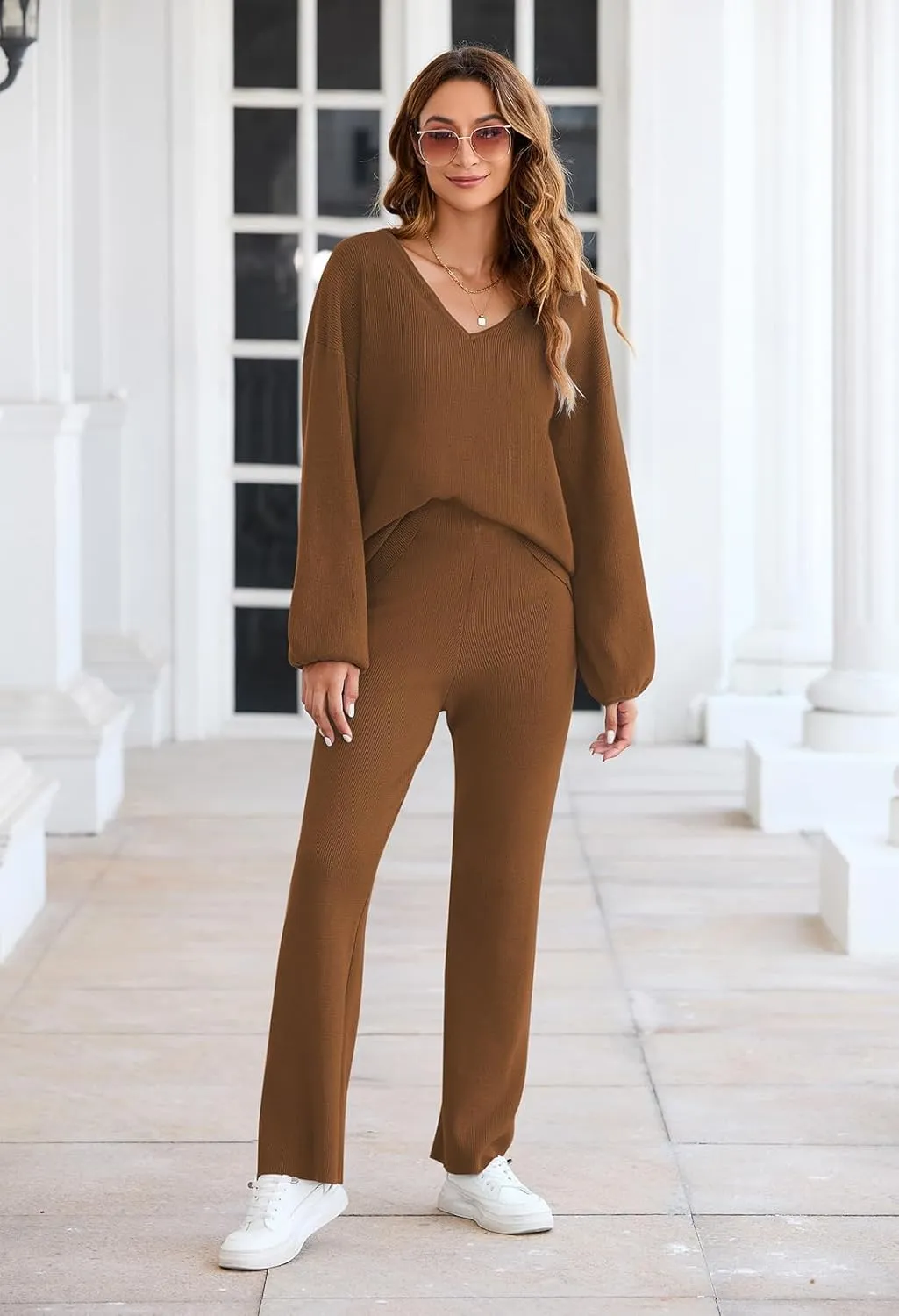 Fixmatti Women 2 Piece Knit Set Long Sleeve Pullover Sweater Top Wide Leg Pant Sweatsuit Outfits