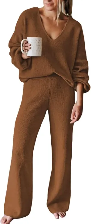 Fixmatti Women 2 Piece Knit Set Long Sleeve Pullover Sweater Top Wide Leg Pant Sweatsuit Outfits