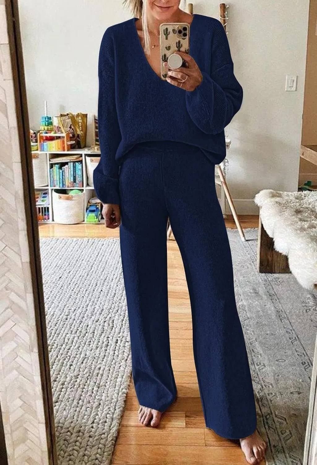 Fixmatti Women 2 Piece Knit Set Long Sleeve Pullover Sweater Top Wide Leg Pant Sweatsuit Outfits