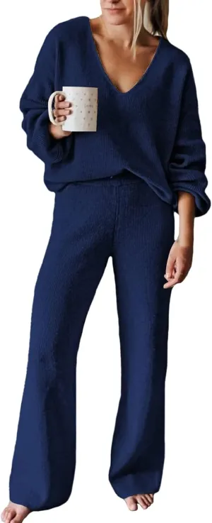 Fixmatti Women 2 Piece Knit Set Long Sleeve Pullover Sweater Top Wide Leg Pant Sweatsuit Outfits