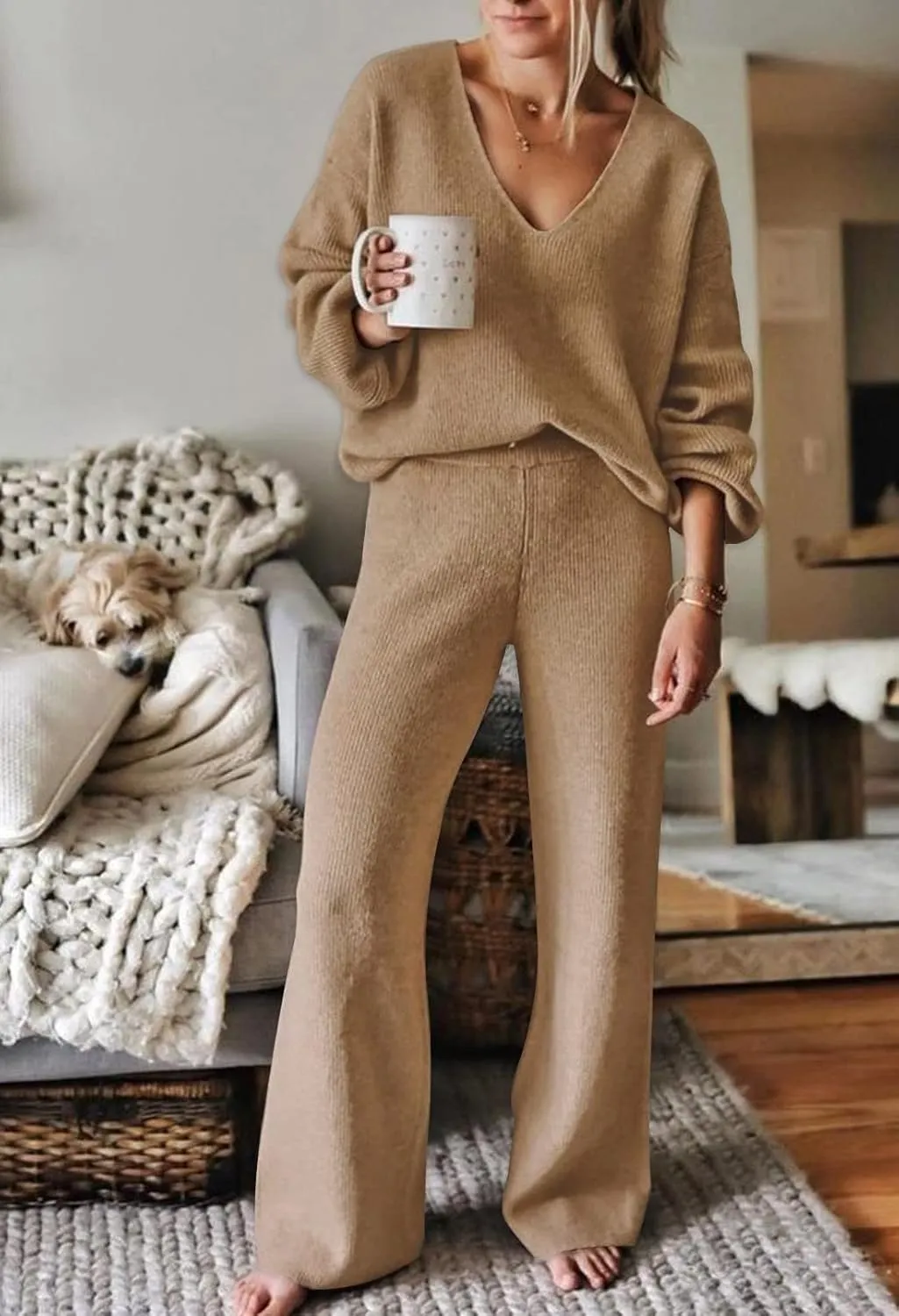 Fixmatti Women 2 Piece Knit Set Long Sleeve Pullover Sweater Top Wide Leg Pant Sweatsuit Outfits