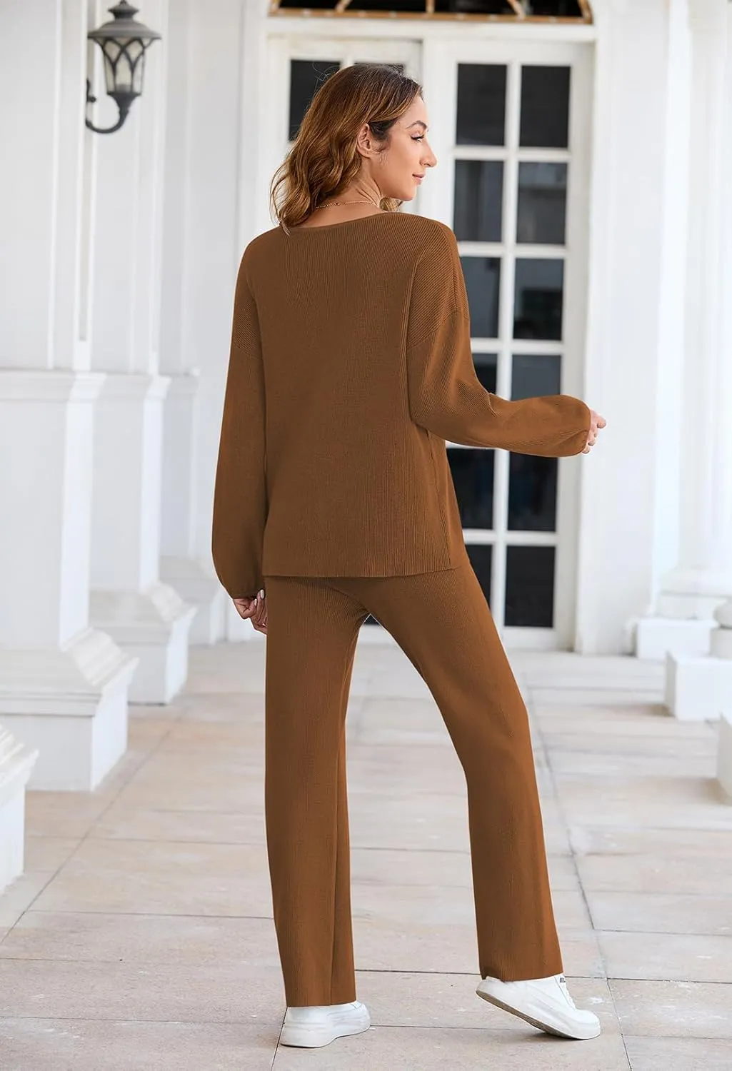 Fixmatti Women 2 Piece Knit Set Long Sleeve Pullover Sweater Top Wide Leg Pant Sweatsuit Outfits