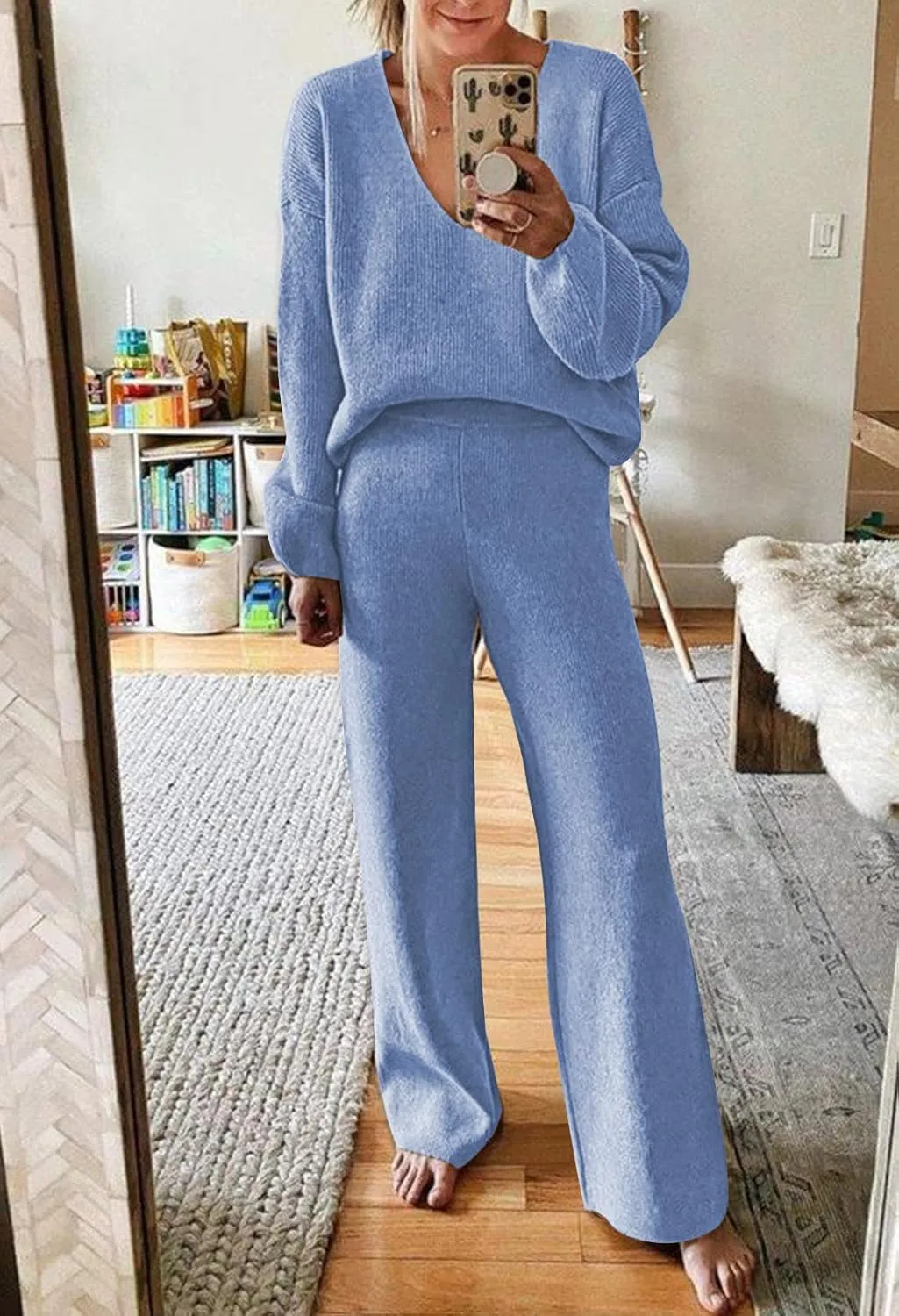 Fixmatti Women 2 Piece Knit Set Long Sleeve Pullover Sweater Top Wide Leg Pant Sweatsuit Outfits