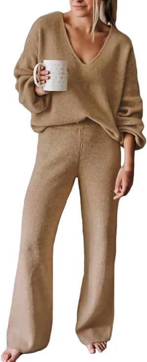 Fixmatti Women 2 Piece Knit Set Long Sleeve Pullover Sweater Top Wide Leg Pant Sweatsuit Outfits