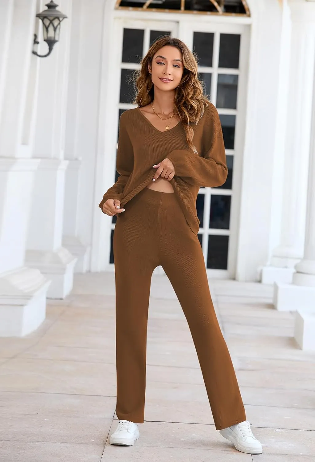 Fixmatti Women 2 Piece Knit Set Long Sleeve Pullover Sweater Top Wide Leg Pant Sweatsuit Outfits