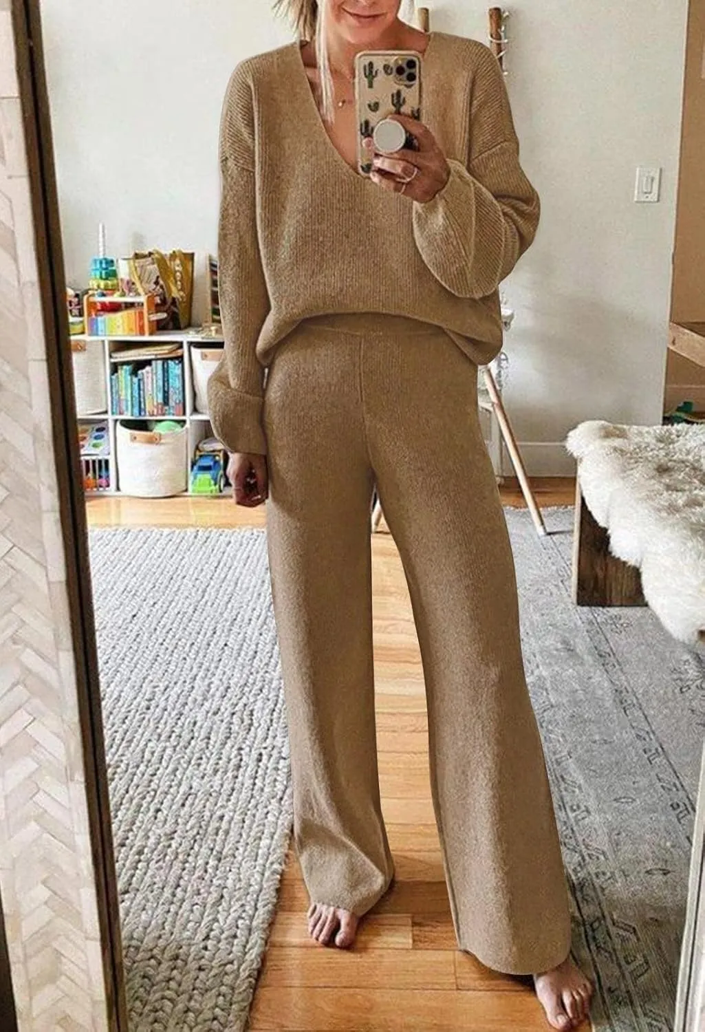 Fixmatti Women 2 Piece Knit Set Long Sleeve Pullover Sweater Top Wide Leg Pant Sweatsuit Outfits