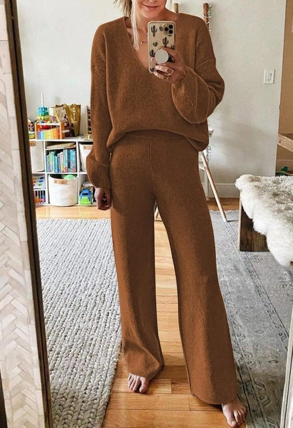 Fixmatti Women 2 Piece Knit Set Long Sleeve Pullover Sweater Top Wide Leg Pant Sweatsuit Outfits