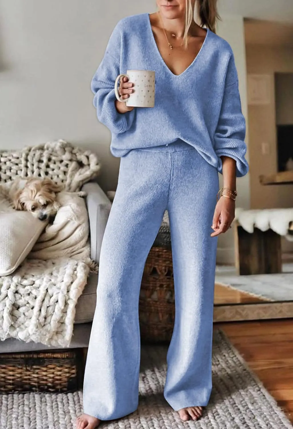 Fixmatti Women 2 Piece Knit Set Long Sleeve Pullover Sweater Top Wide Leg Pant Sweatsuit Outfits