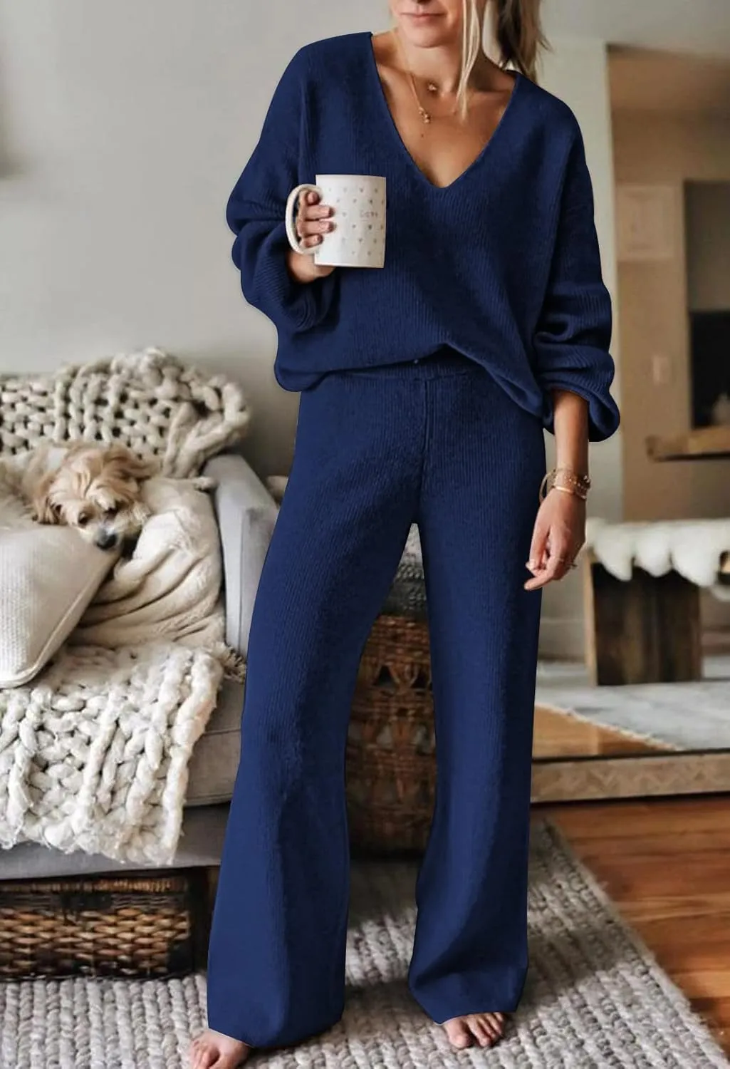 Fixmatti Women 2 Piece Knit Set Long Sleeve Pullover Sweater Top Wide Leg Pant Sweatsuit Outfits