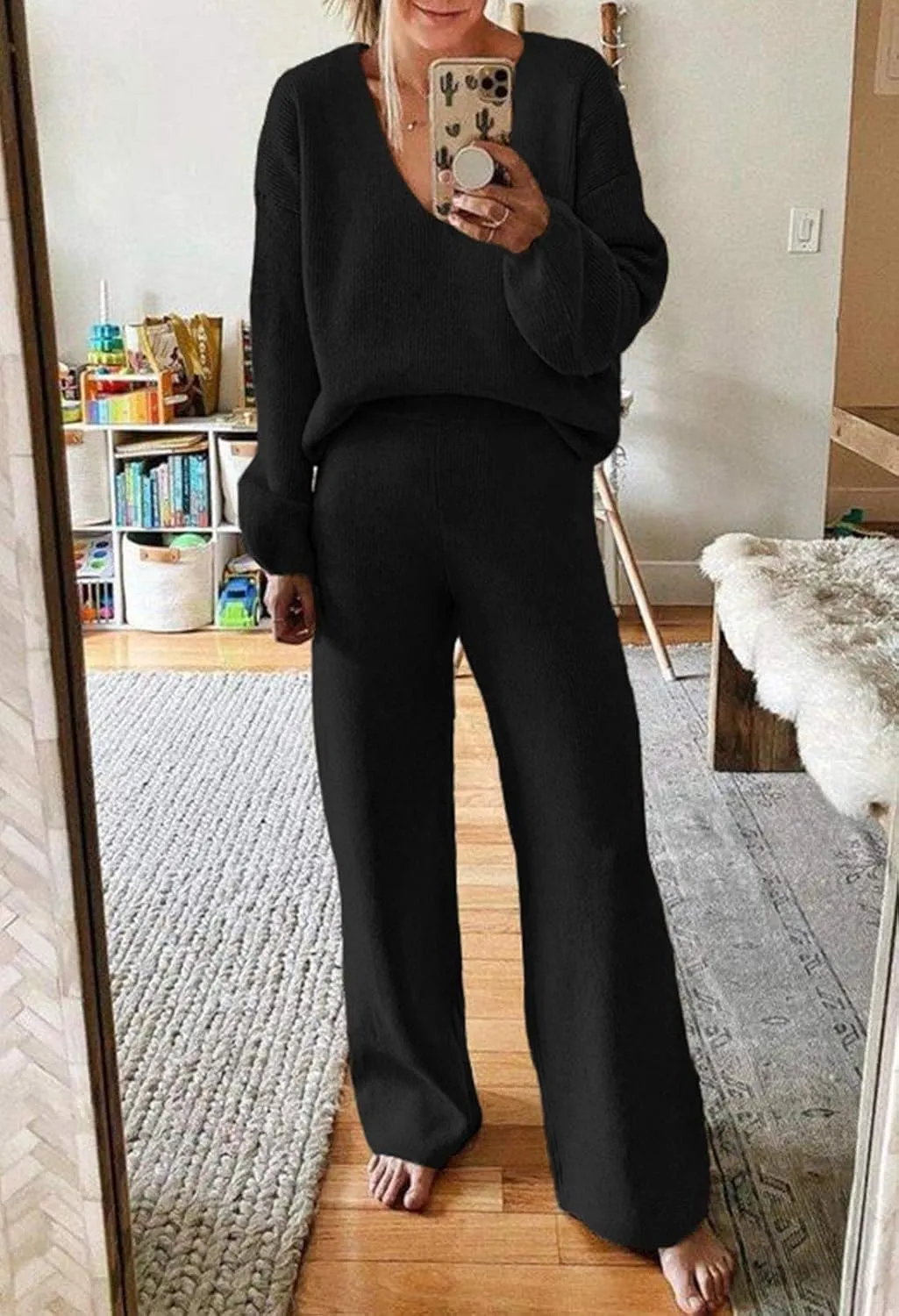 Fixmatti Women 2 Piece Knit Set Long Sleeve Pullover Sweater Top Wide Leg Pant Sweatsuit Outfits