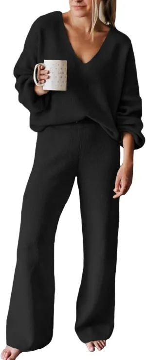 Fixmatti Women 2 Piece Knit Set Long Sleeve Pullover Sweater Top Wide Leg Pant Sweatsuit Outfits