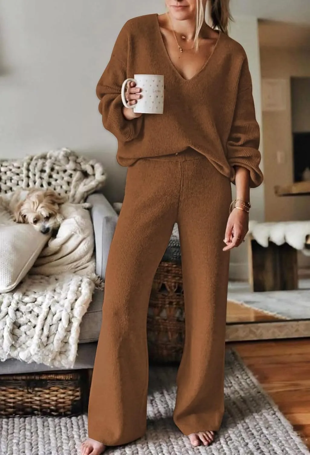 Fixmatti Women 2 Piece Knit Set Long Sleeve Pullover Sweater Top Wide Leg Pant Sweatsuit Outfits