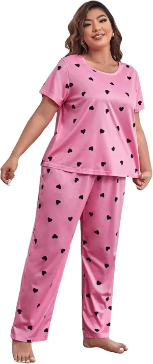 Floerns Women's Plus Size Pajamas Graphic Print Short Sleeve Tee with Pants Pj Set