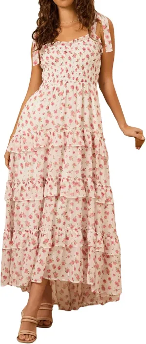 Floral Smocked Maxi Dress for Women Bohemian Tie Shoulder Flowy Beach Dress Y2k Cute Patchwork Long Ruffle Sundress