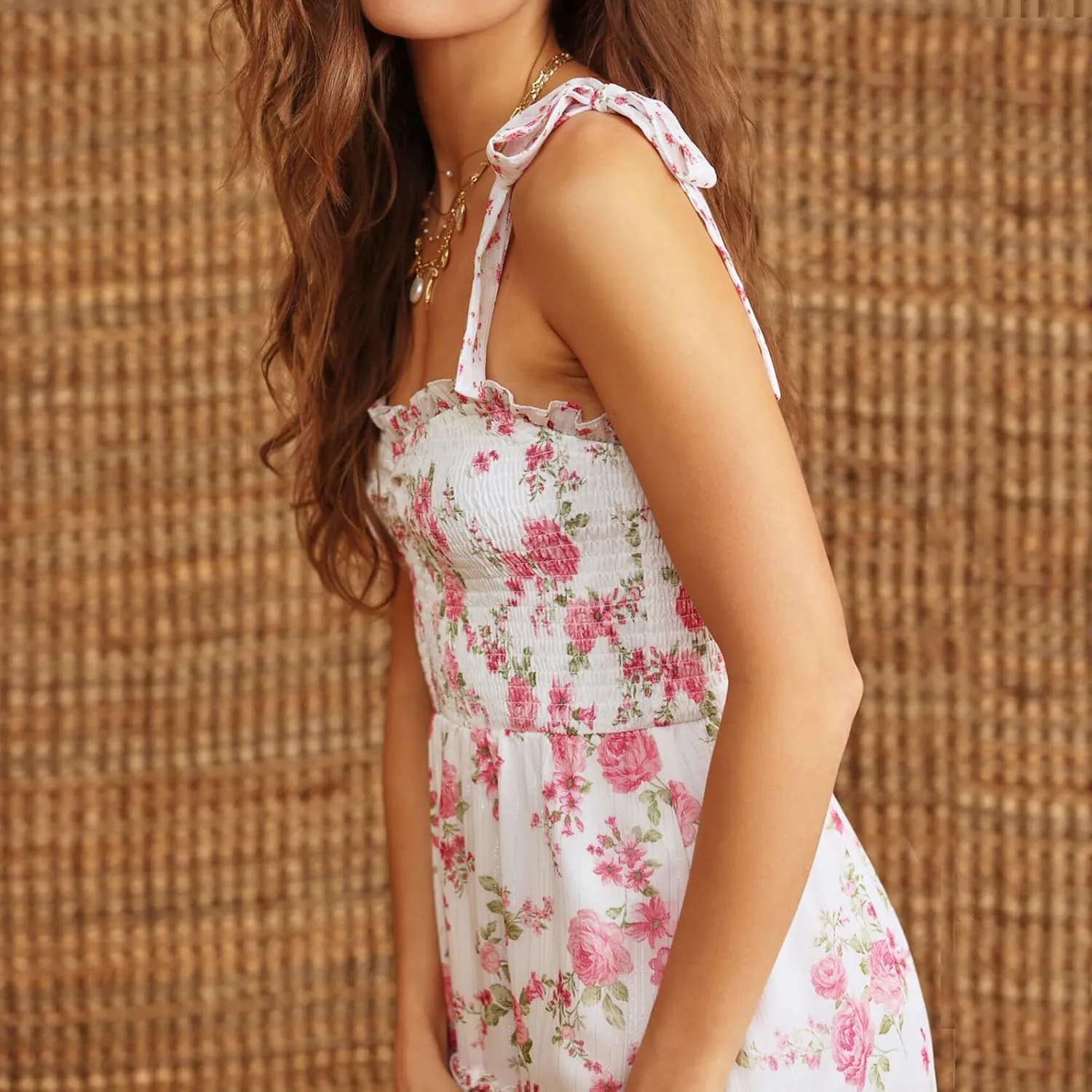Floral Smocked Maxi Dress for Women Bohemian Tie Shoulder Flowy Beach Dress Y2k Cute Patchwork Long Ruffle Sundress