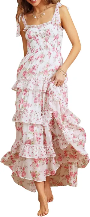 Floral Smocked Maxi Dress for Women Bohemian Tie Shoulder Flowy Beach Dress Y2k Cute Patchwork Long Ruffle Sundress