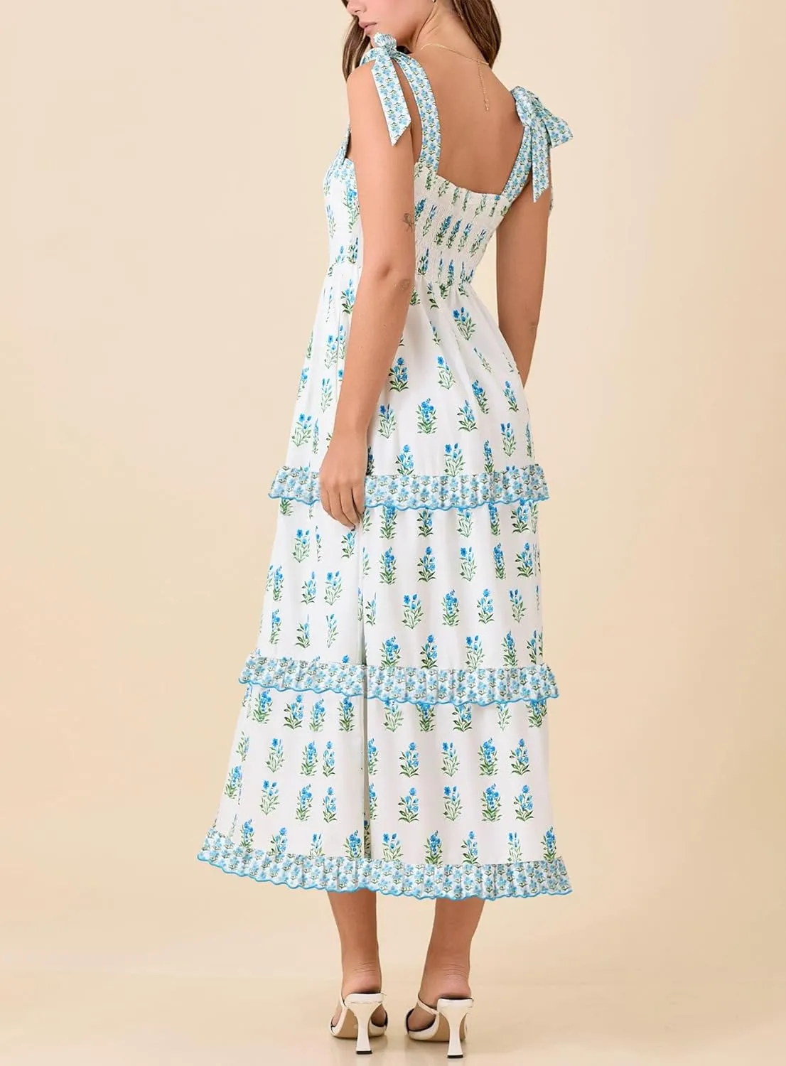 Floral Smocked Maxi Dress for Women Bohemian Tie Shoulder Flowy Beach Dress Y2k Cute Patchwork Long Ruffle Sundress