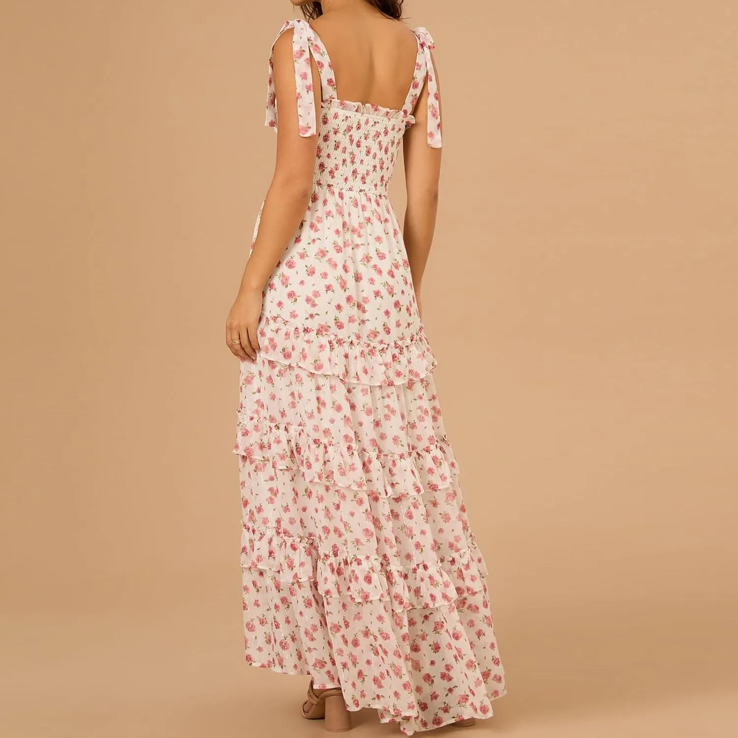 Floral Smocked Maxi Dress for Women Bohemian Tie Shoulder Flowy Beach Dress Y2k Cute Patchwork Long Ruffle Sundress