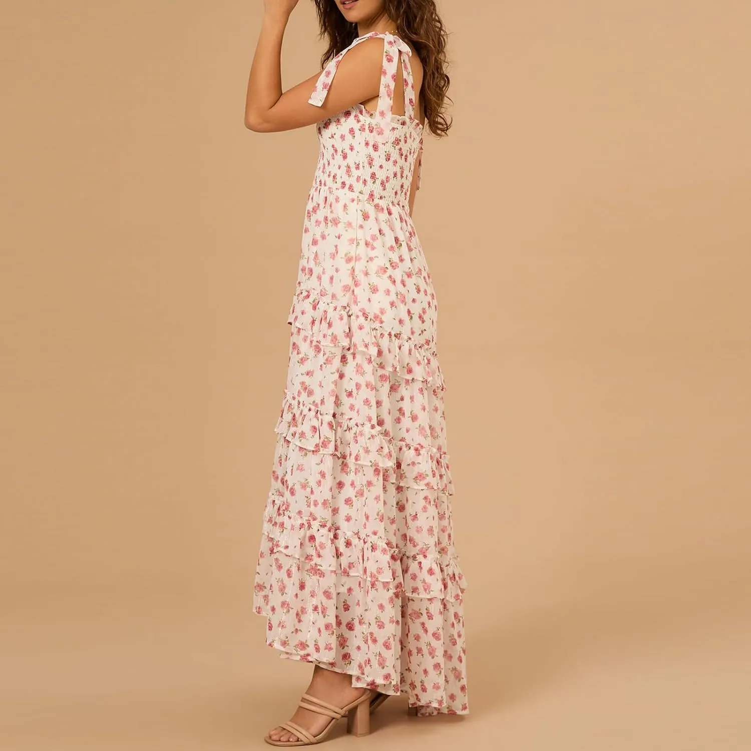 Floral Smocked Maxi Dress for Women Bohemian Tie Shoulder Flowy Beach Dress Y2k Cute Patchwork Long Ruffle Sundress