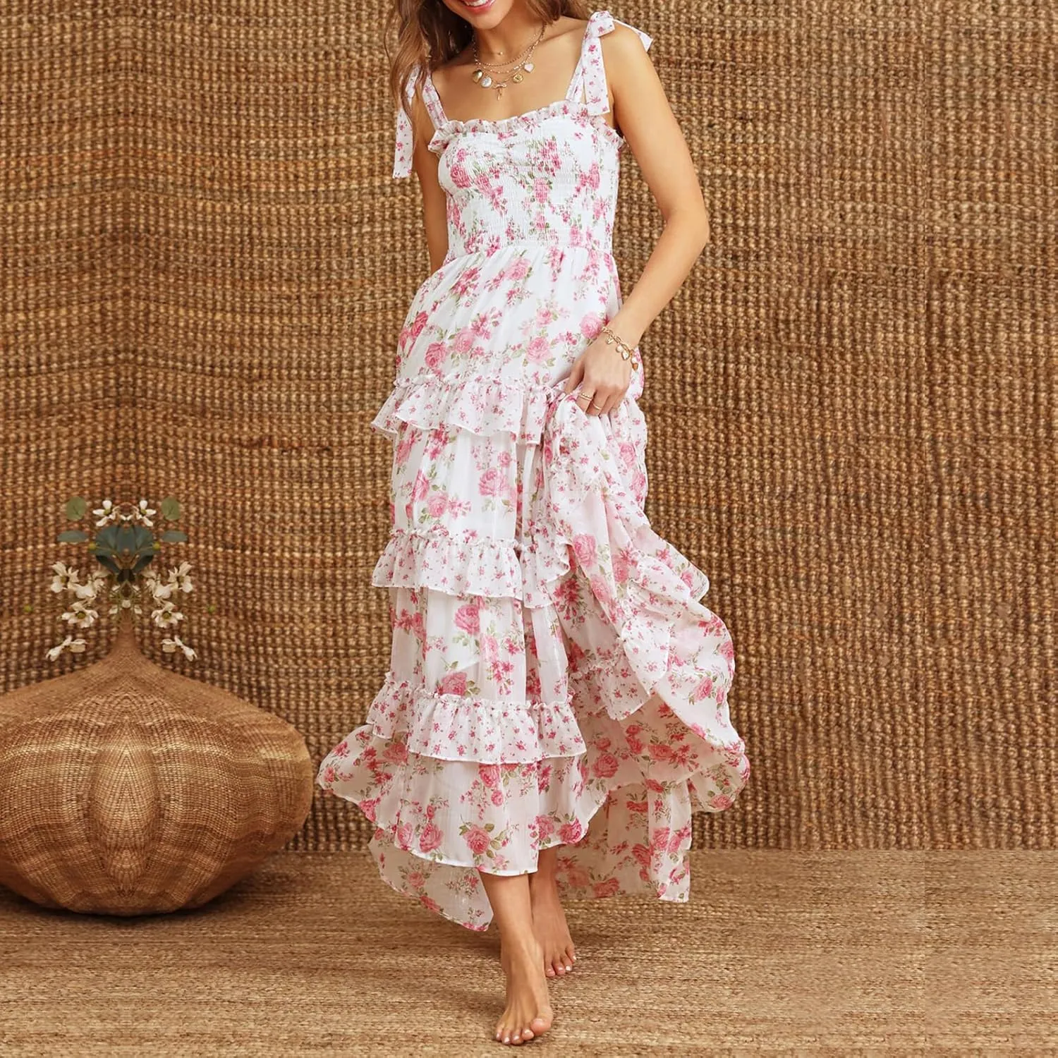 Floral Smocked Maxi Dress for Women Bohemian Tie Shoulder Flowy Beach Dress Y2k Cute Patchwork Long Ruffle Sundress