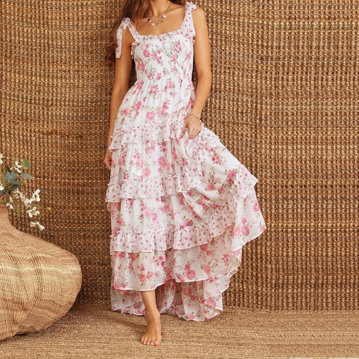 Floral Smocked Maxi Dress for Women Bohemian Tie Shoulder Flowy Beach Dress Y2k Cute Patchwork Long Ruffle Sundress