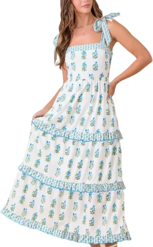 Floral Smocked Maxi Dress for Women Bohemian Tie Shoulder Flowy Beach Dress Y2k Cute Patchwork Long Ruffle Sundress