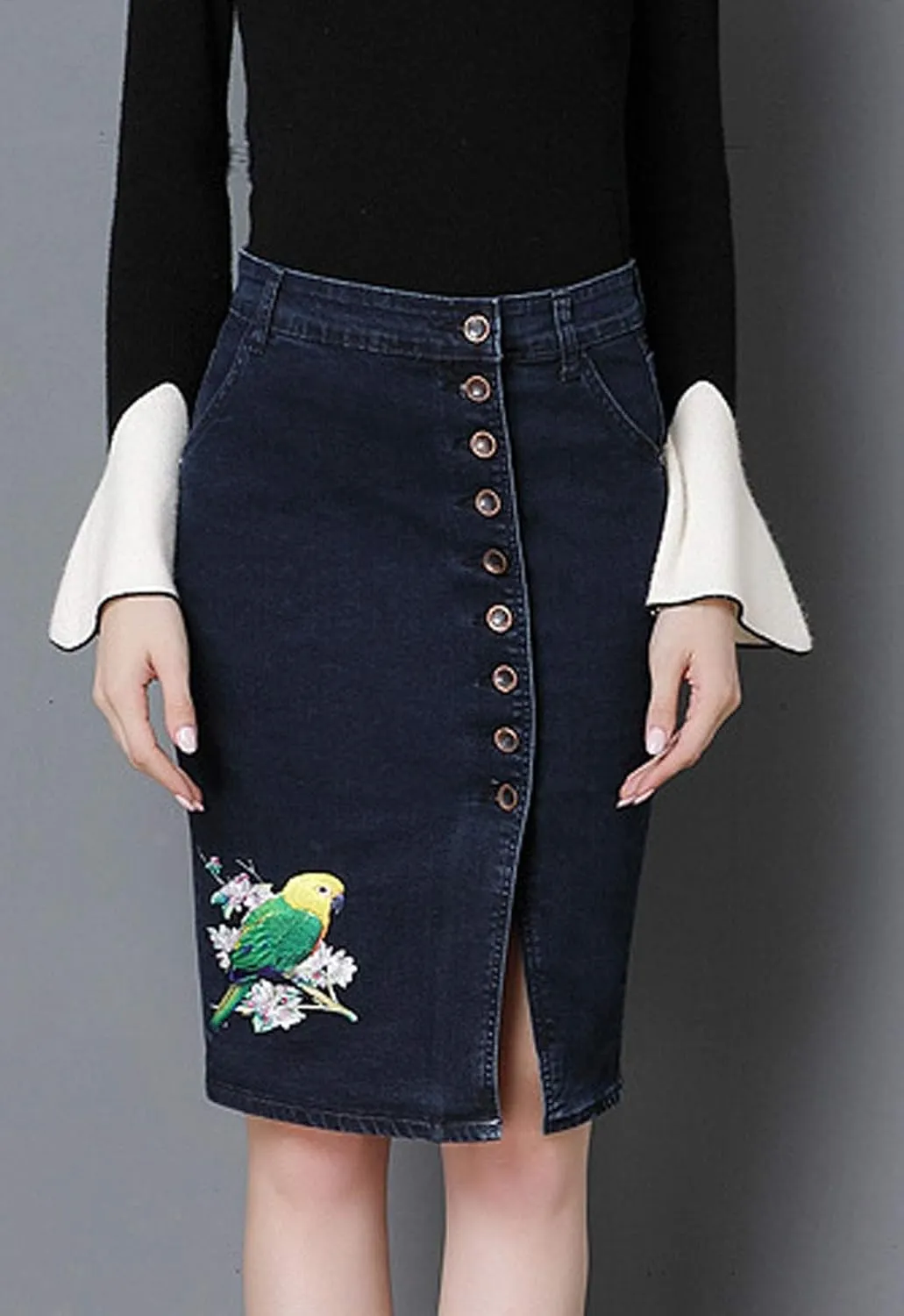Flygo Women's High Waisted Pencil Jean Denim Midi Skirt