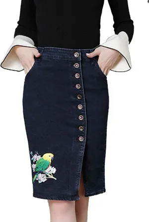 Flygo Women's High Waisted Pencil Jean Denim Midi Skirt