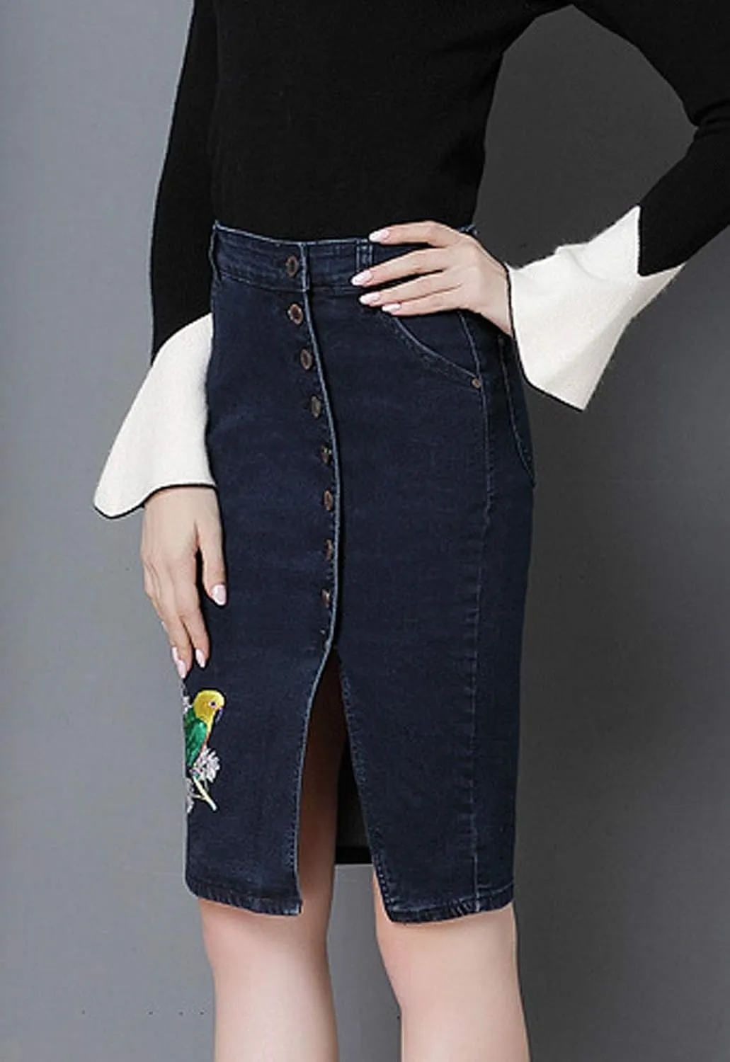Flygo Women's High Waisted Pencil Jean Denim Midi Skirt