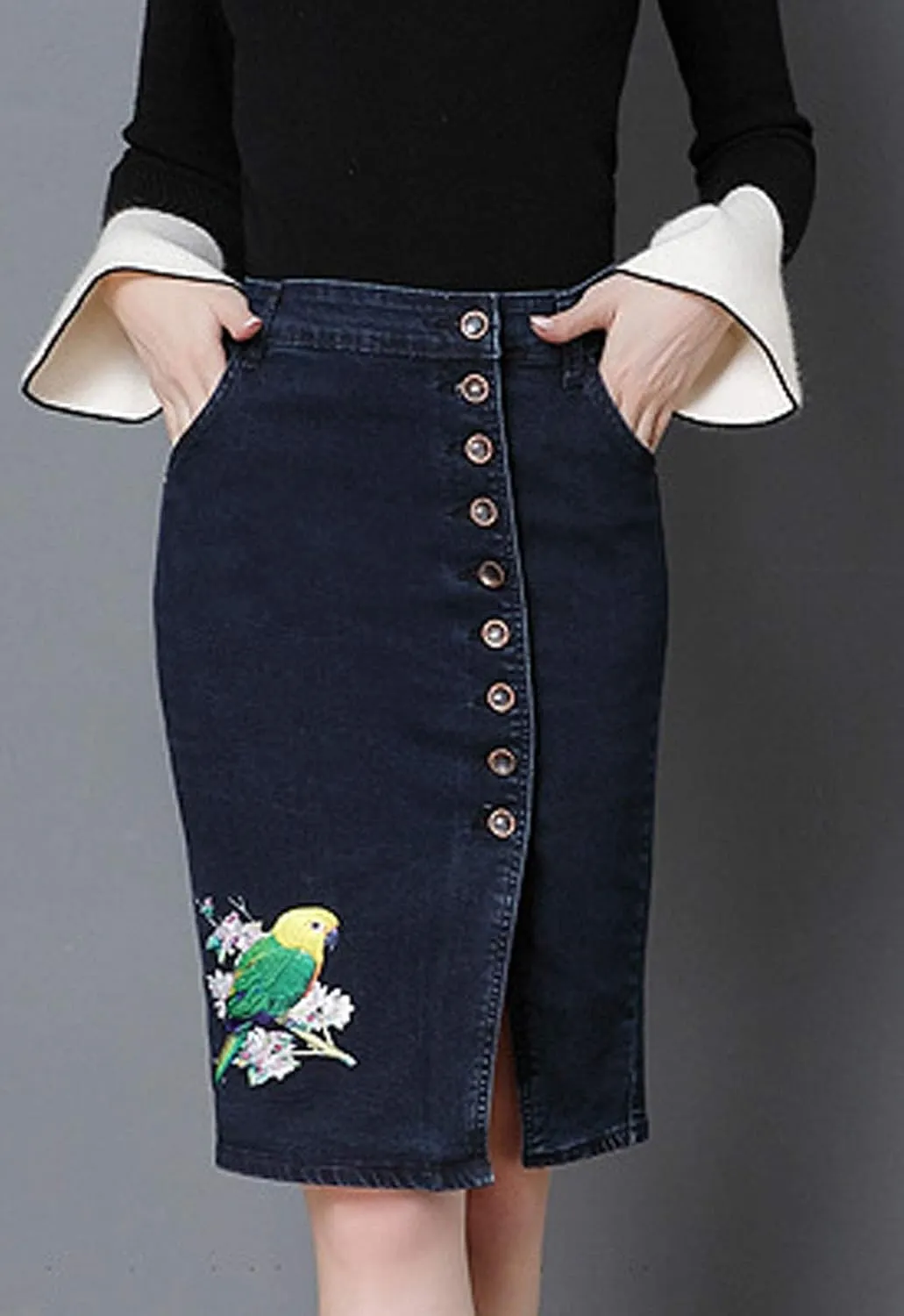 Flygo Women's High Waisted Pencil Jean Denim Midi Skirt